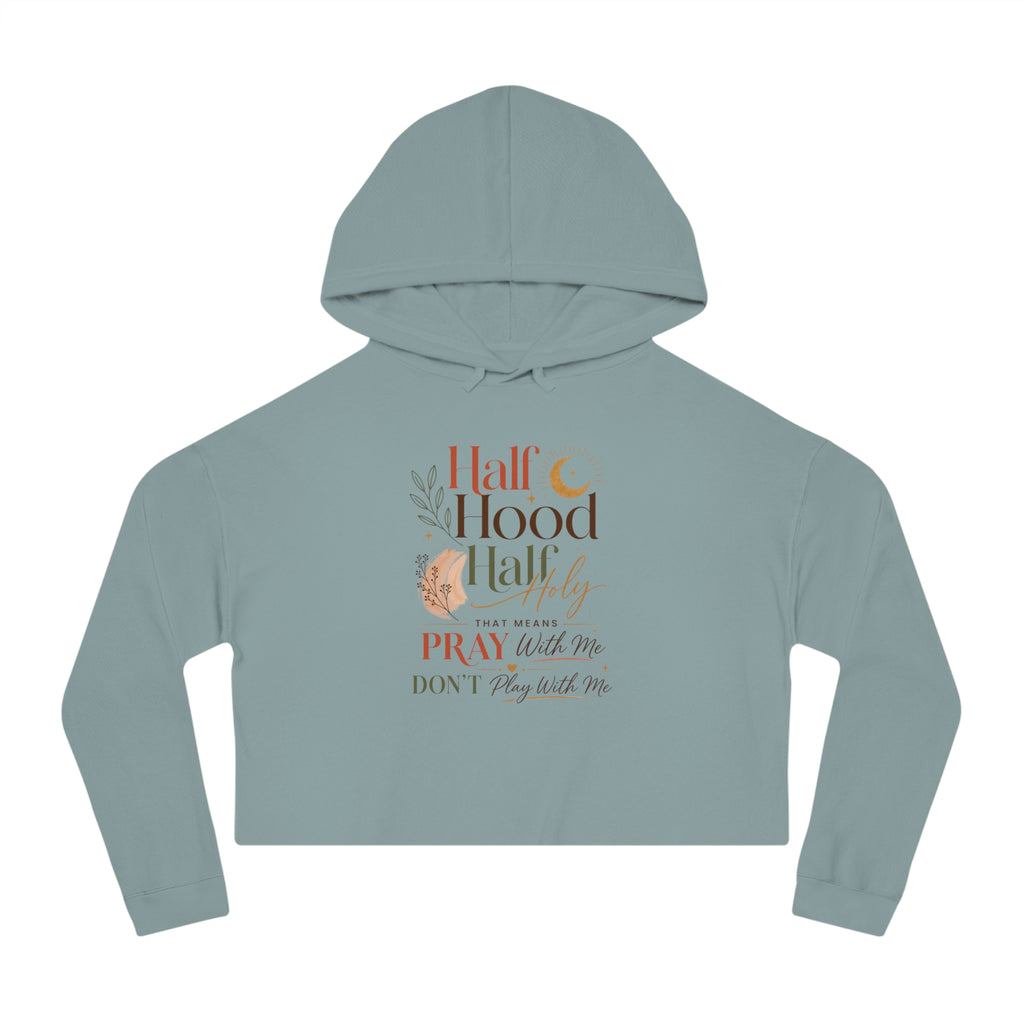 Kurzer Hoodie – Grafik „Half Hood, Half Holy“