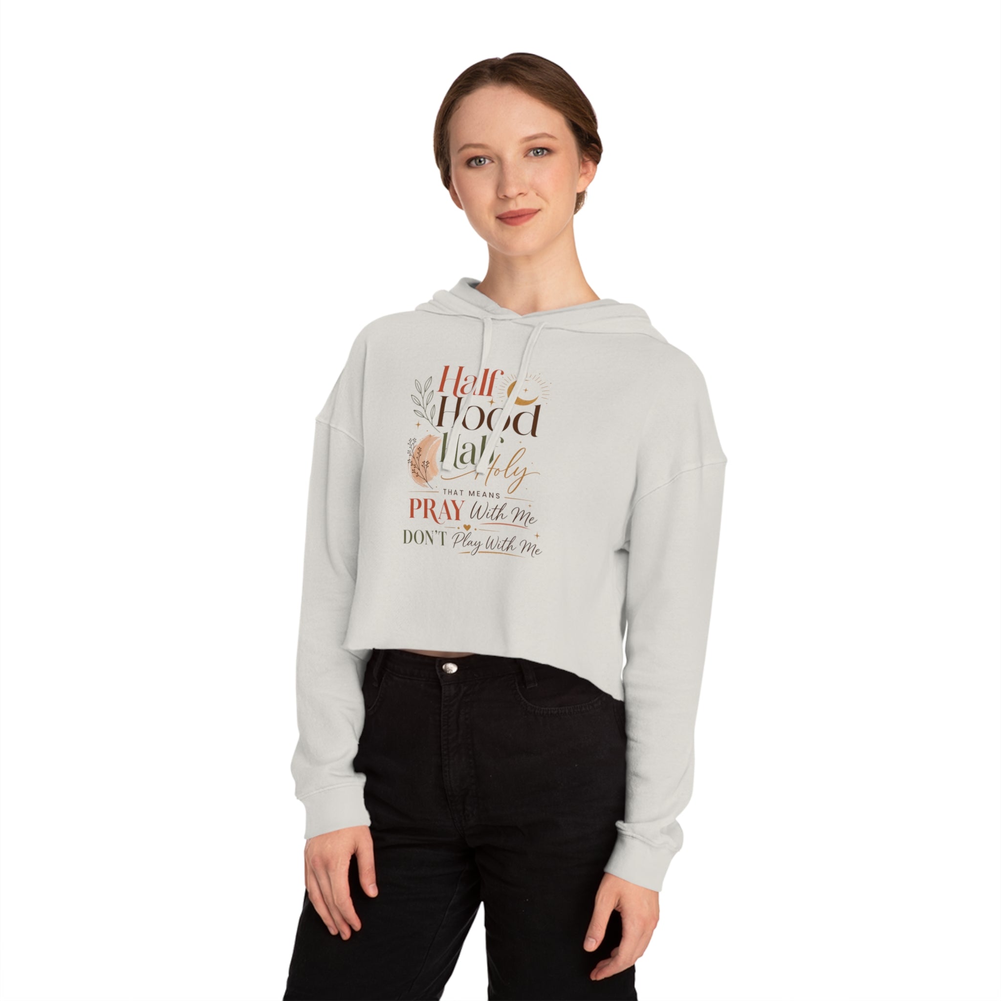 Kurzer Hoodie – Grafik „Half Hood, Half Holy“