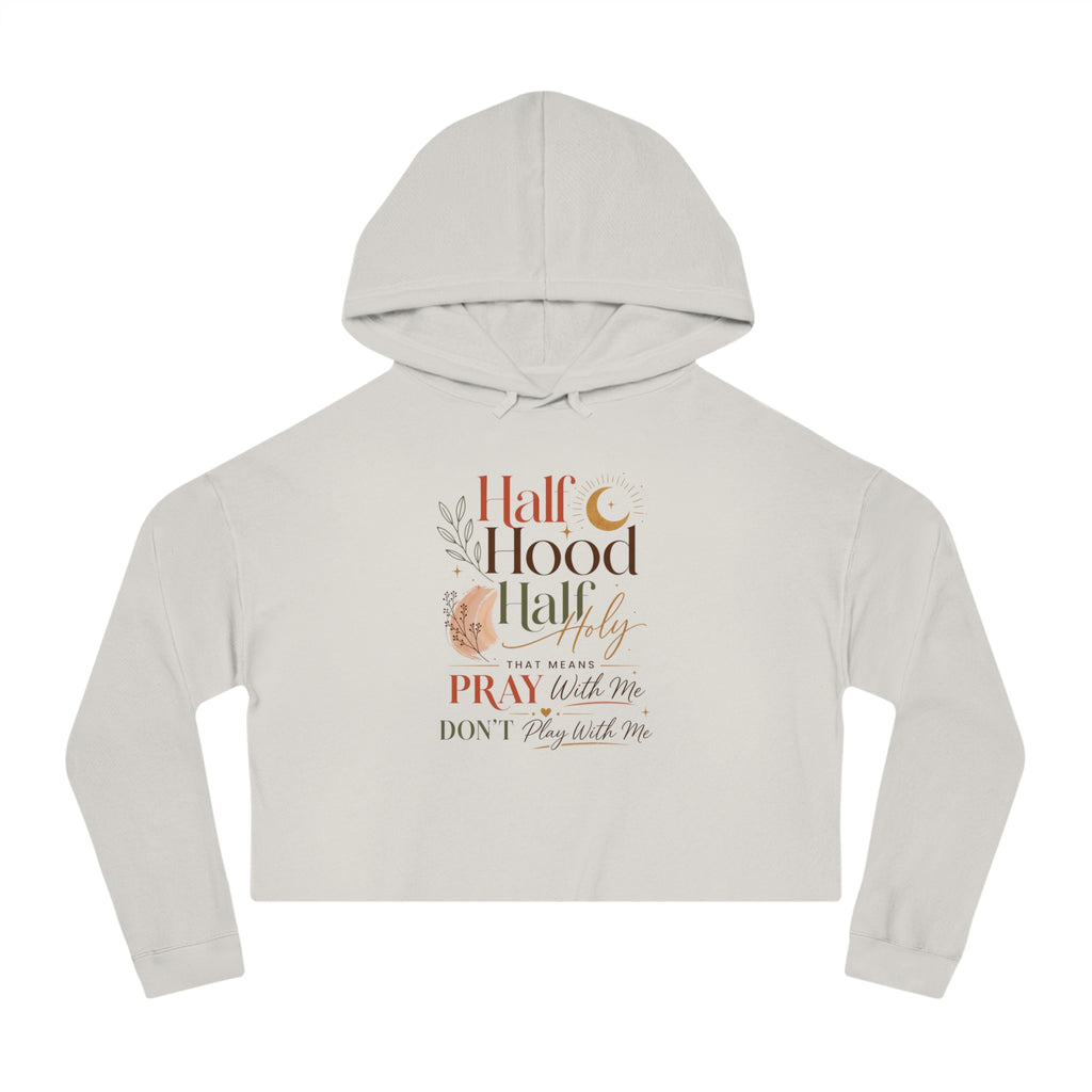 Kurzer Hoodie – Grafik „Half Hood, Half Holy“