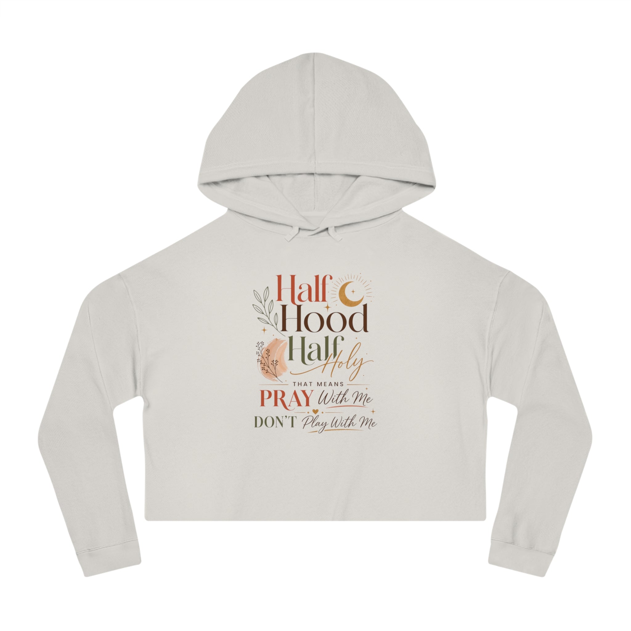 Kurzer Hoodie – Grafik „Half Hood, Half Holy“