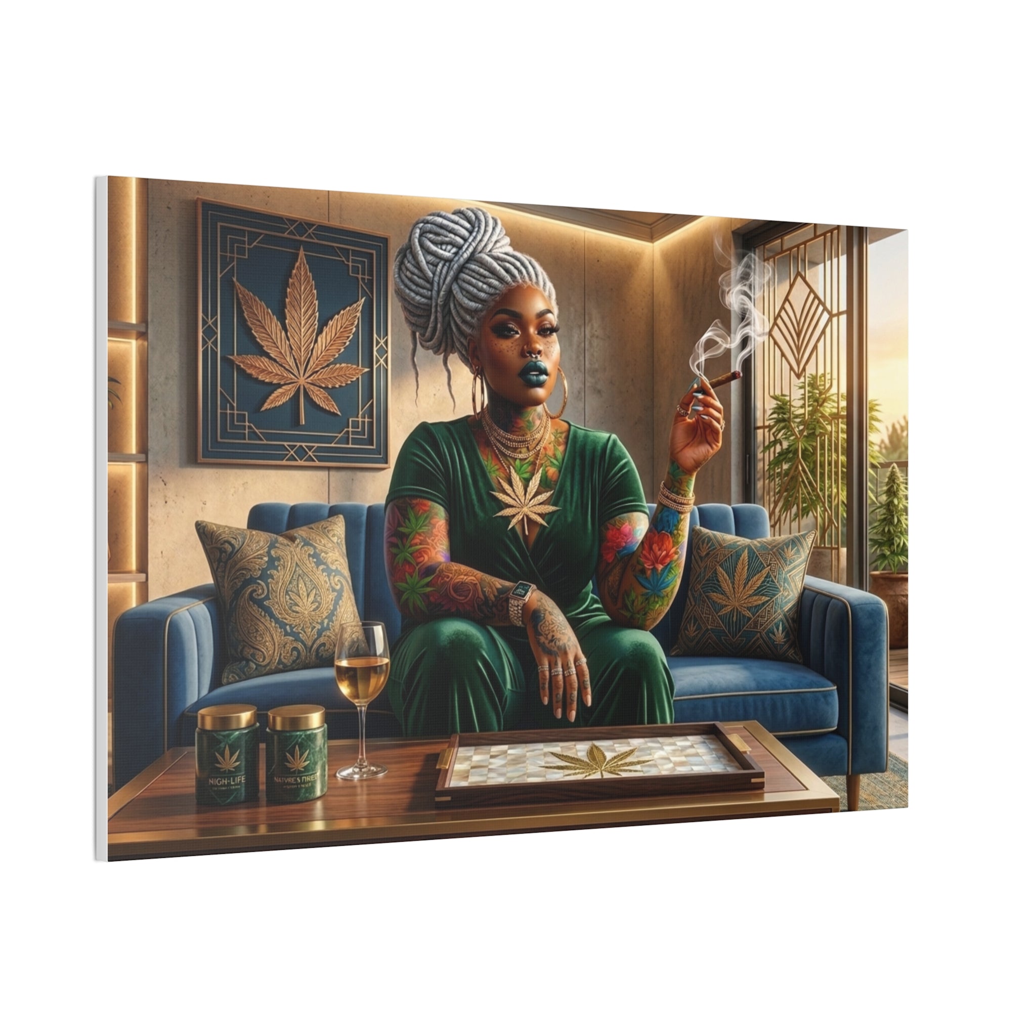 Leinwandbild – Entspannte Frau mit Cannabisblatt
