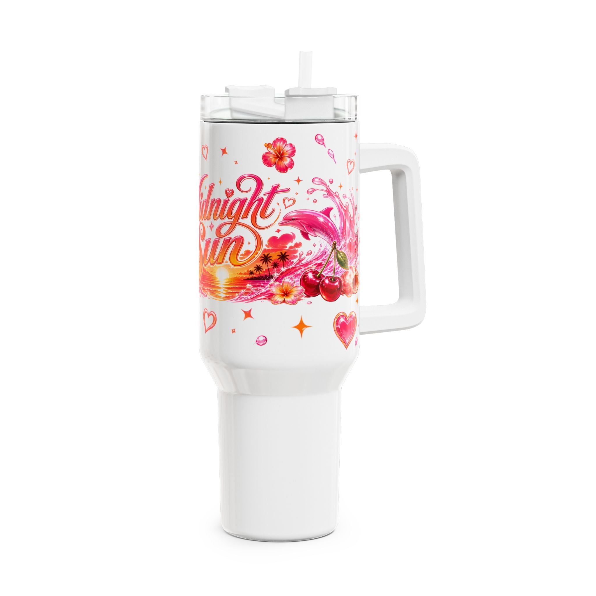 Midnight Sun 40oz Tumbler — Pink Retro Dolphin Beach Travel Mug