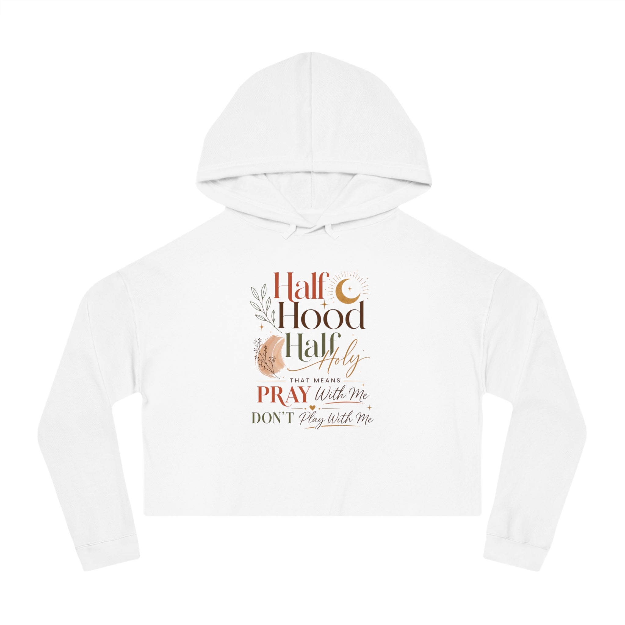 Kurzer Hoodie – Grafik „Half Hood, Half Holy“