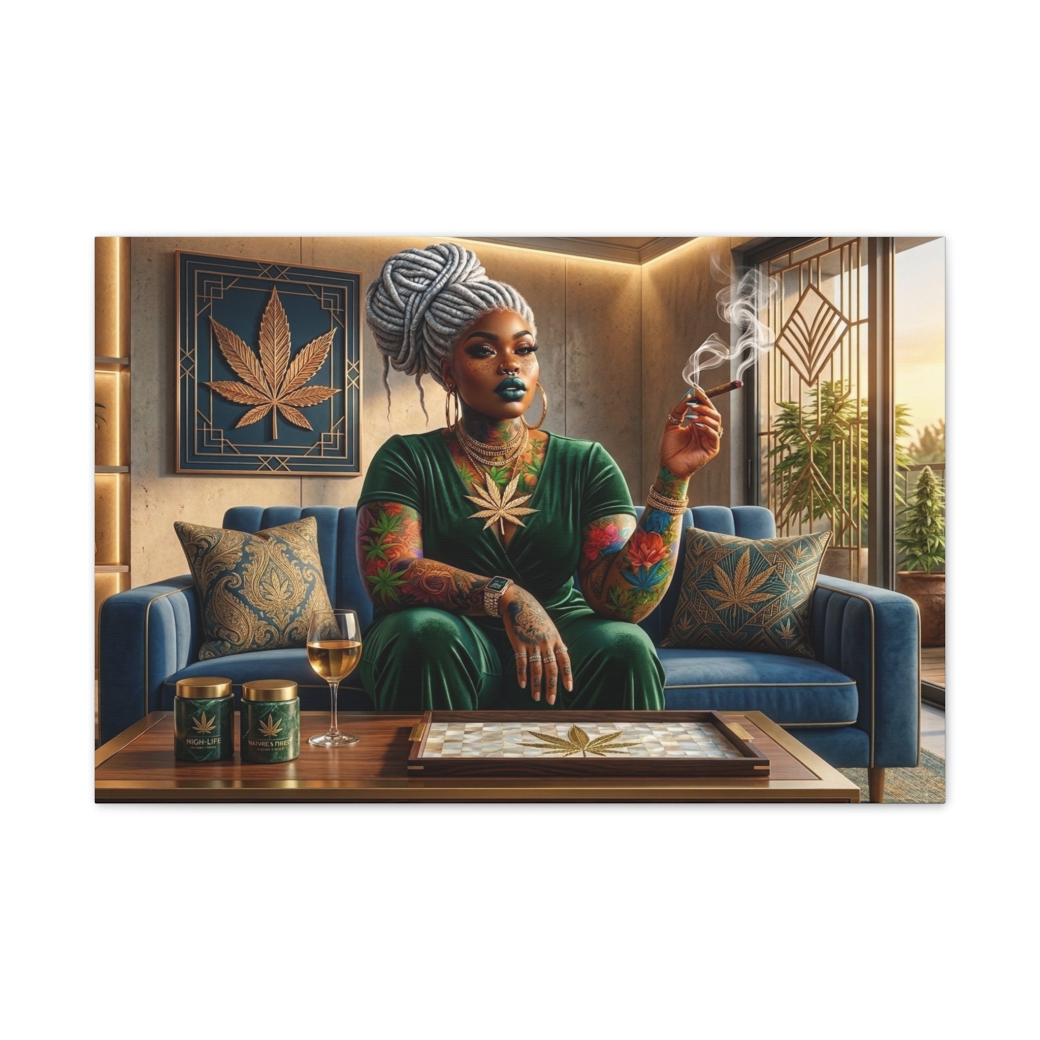 Leinwandbild – Entspannte Frau mit Cannabisblatt