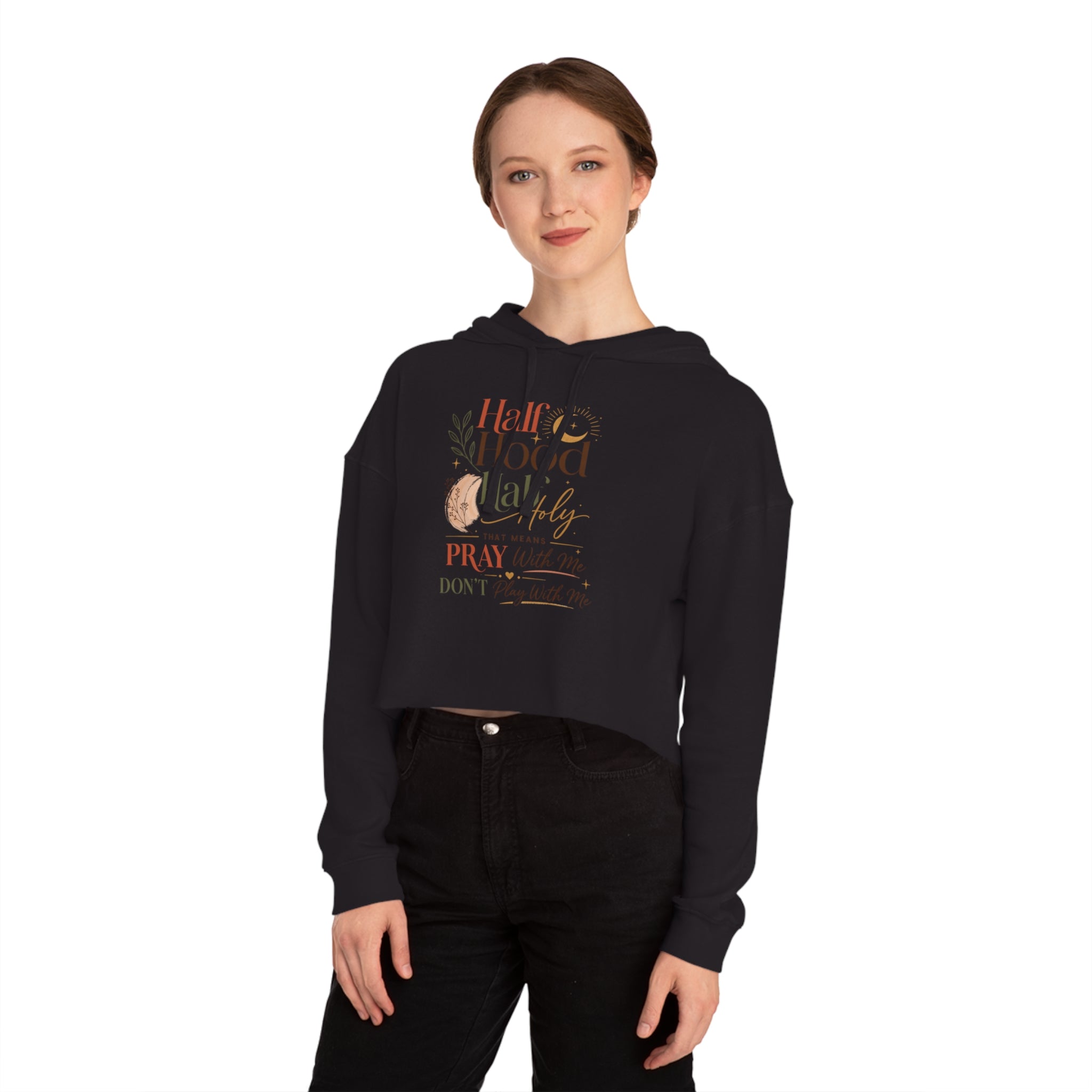 Kurzer Hoodie – Grafik „Half Hood, Half Holy“