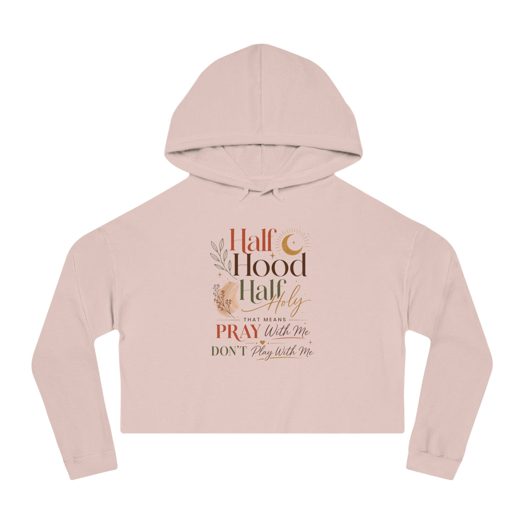 Kurzer Hoodie – Grafik „Half Hood, Half Holy“