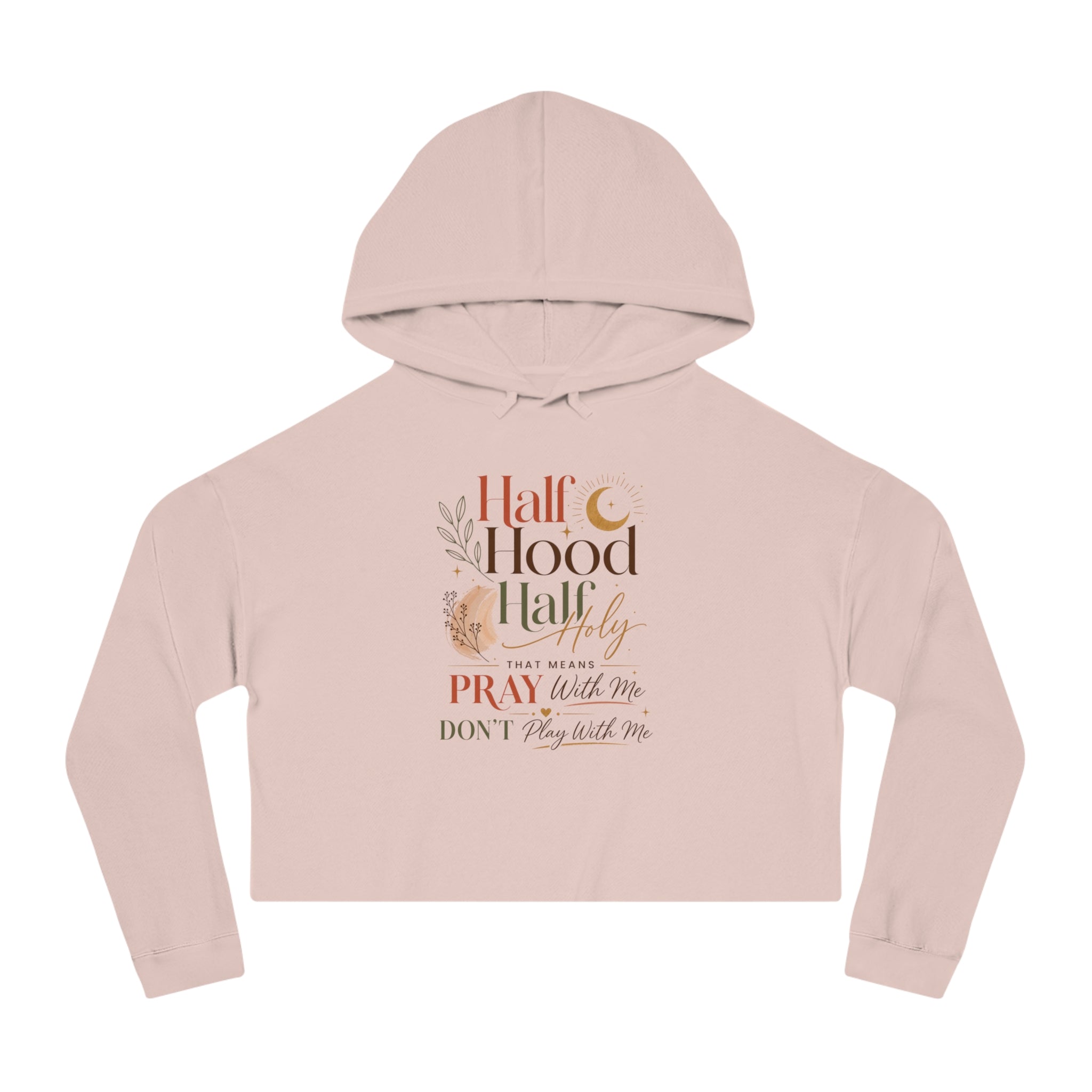 Kurzer Hoodie – Grafik „Half Hood, Half Holy“