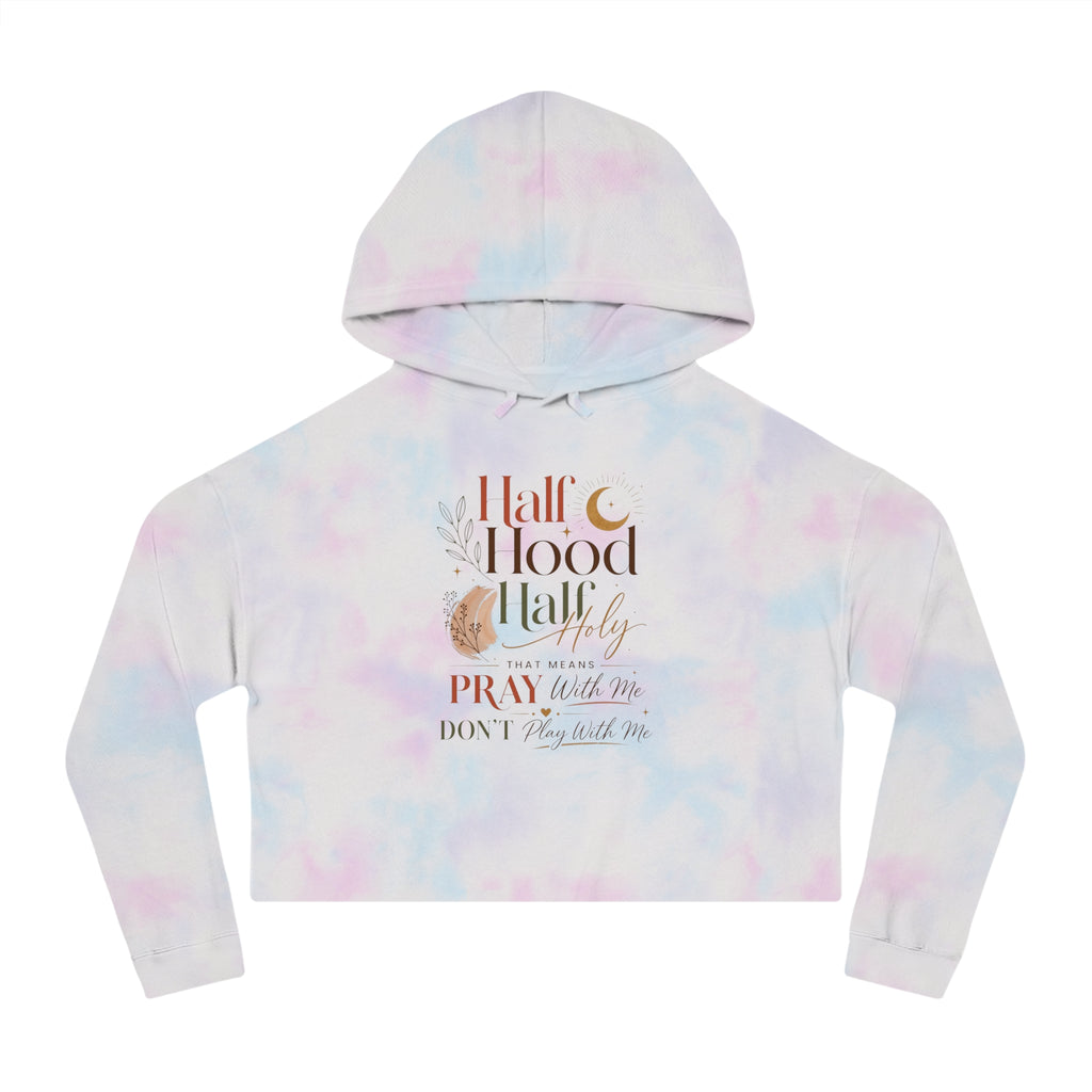 Kurzer Hoodie – Grafik „Half Hood, Half Holy“