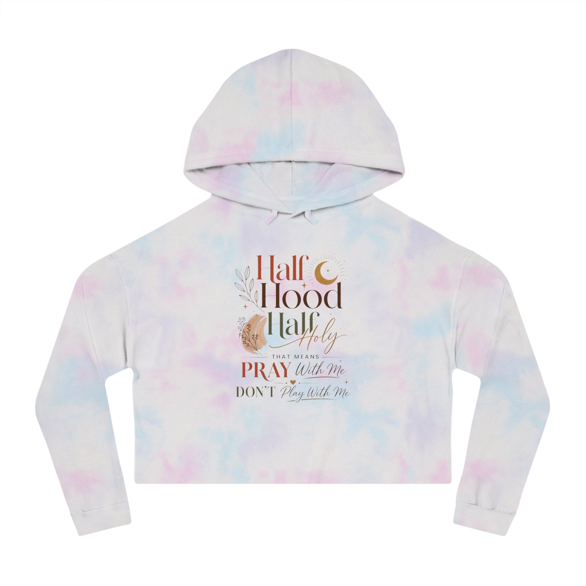 Kurzer Hoodie – Grafik „Half Hood, Half Holy“