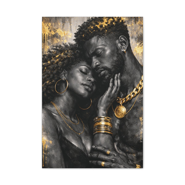 Black Love Embrace Canvas Print — Romantic Afrocentric Wall Art with Gold Accents