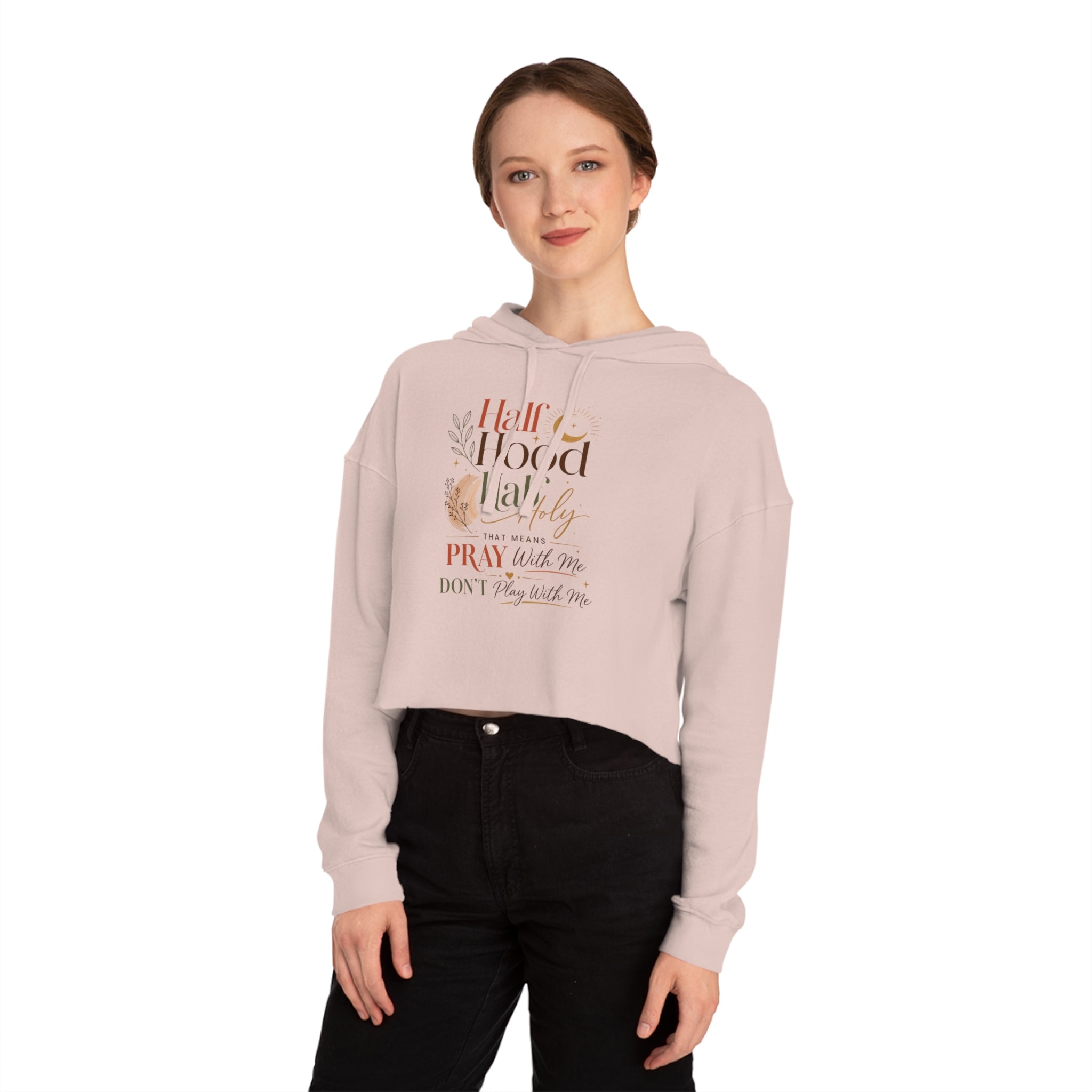 Kurzer Hoodie – Grafik „Half Hood, Half Holy“