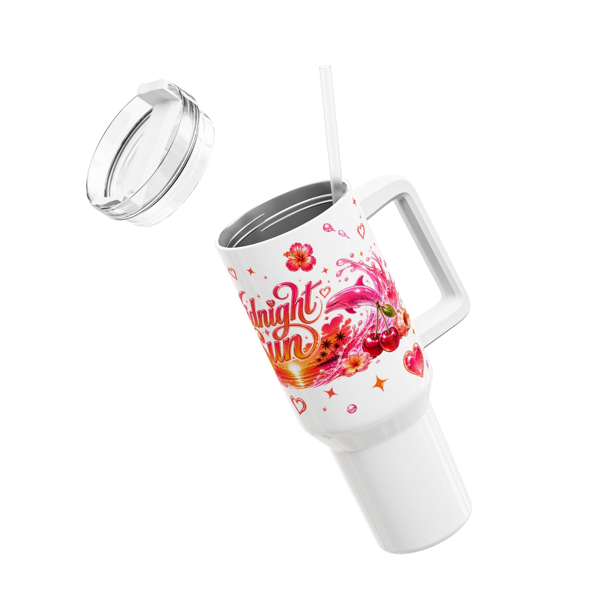 Midnight Sun 40oz Tumbler — Pink Retro Dolphin Beach Travel Mug