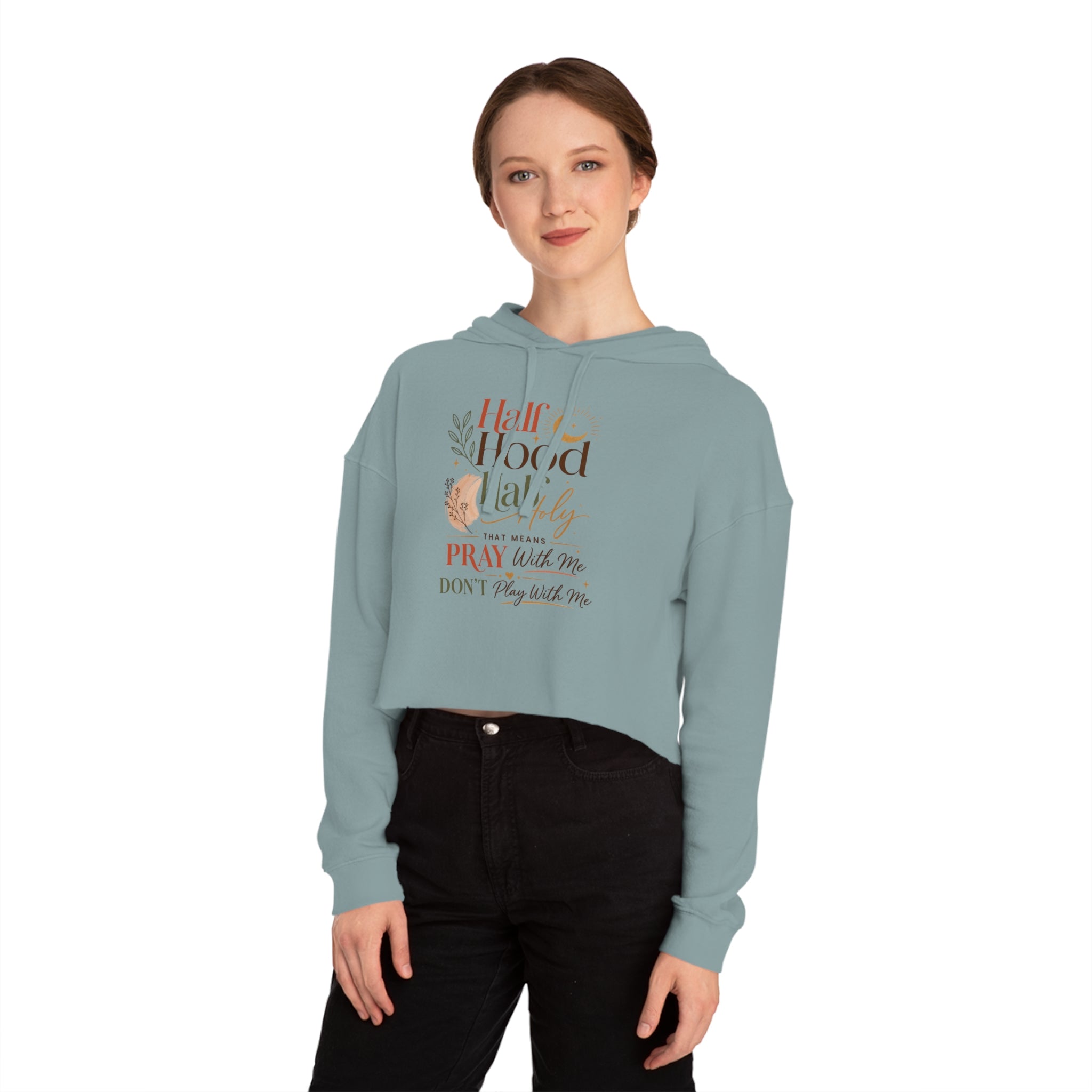 Kurzer Hoodie – Grafik „Half Hood, Half Holy“