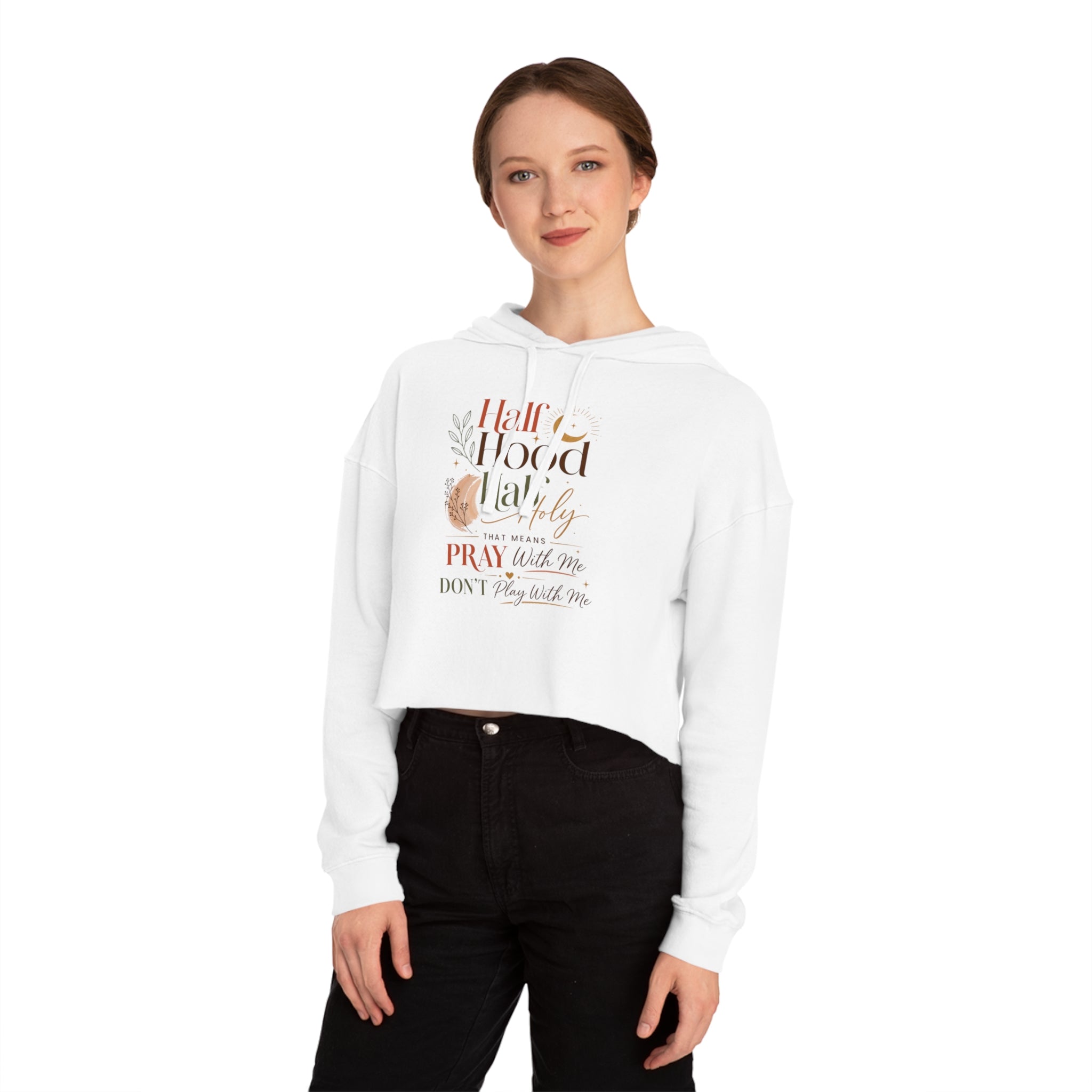 Kurzer Hoodie – Grafik „Half Hood, Half Holy“