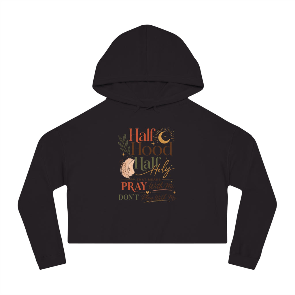 Kurzer Hoodie – Grafik „Half Hood, Half Holy“