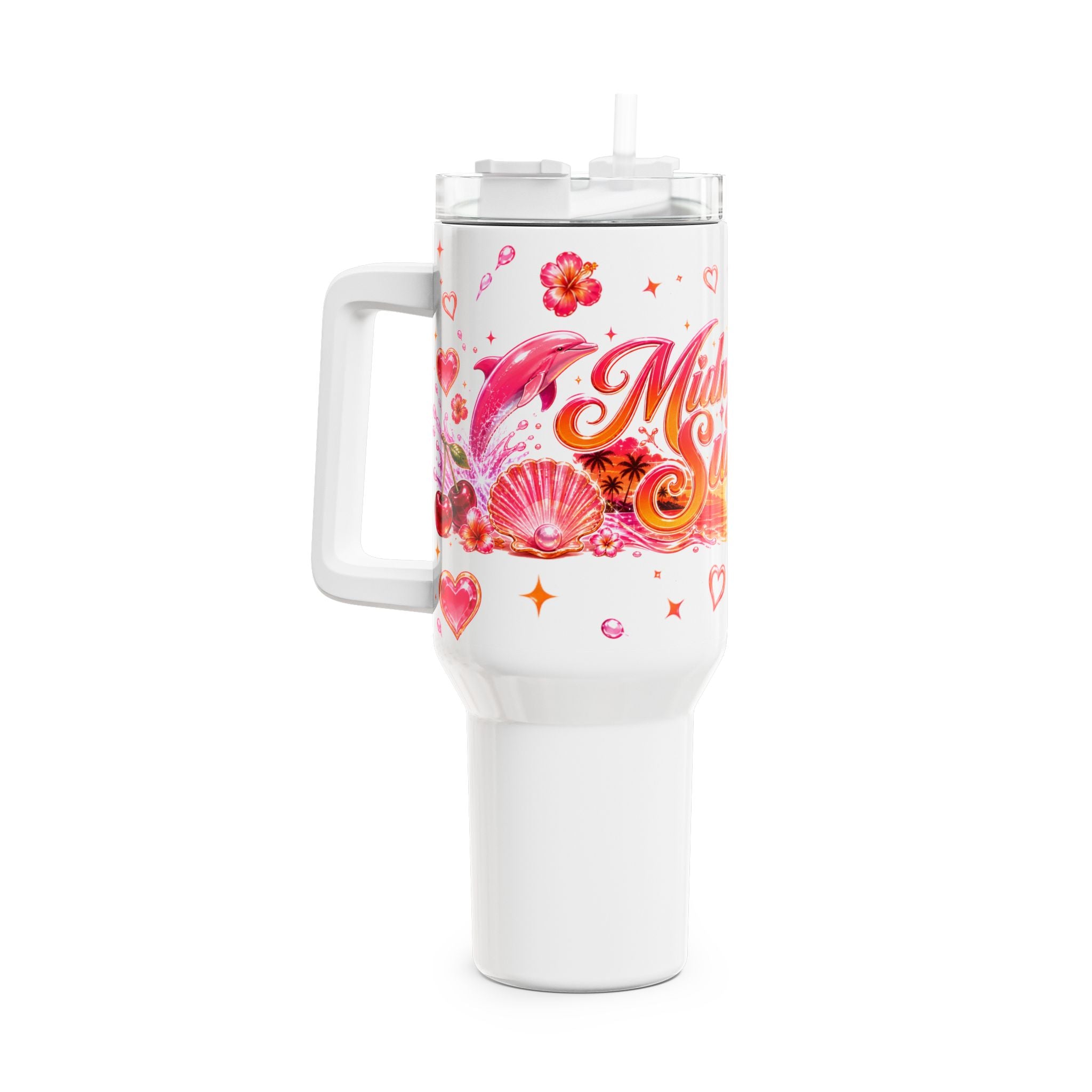 Midnight Sun 40oz Tumbler — Pink Retro Dolphin Beach Travel Mug