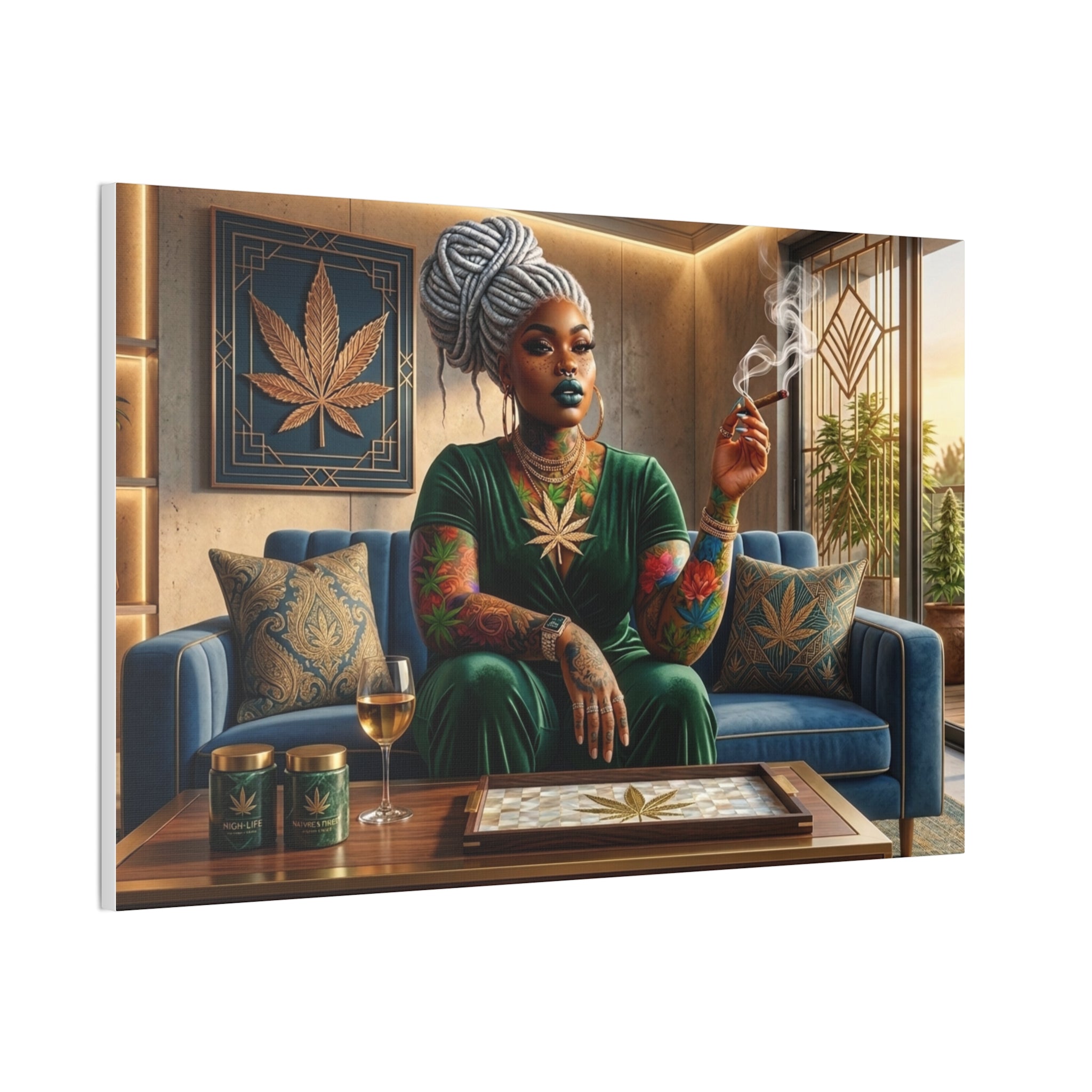 Leinwandbild – Entspannte Frau mit Cannabisblatt